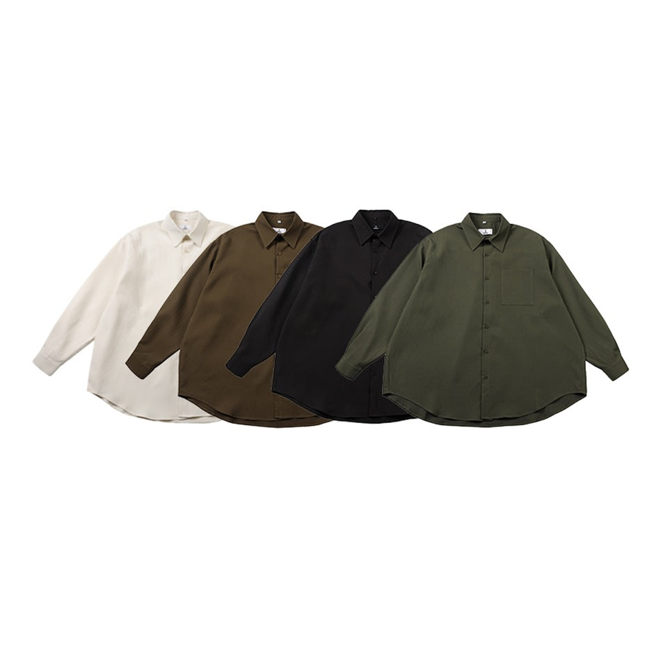 Four long-sleeved collared shirts shown from the front in ivory, brown, black, and olive green.