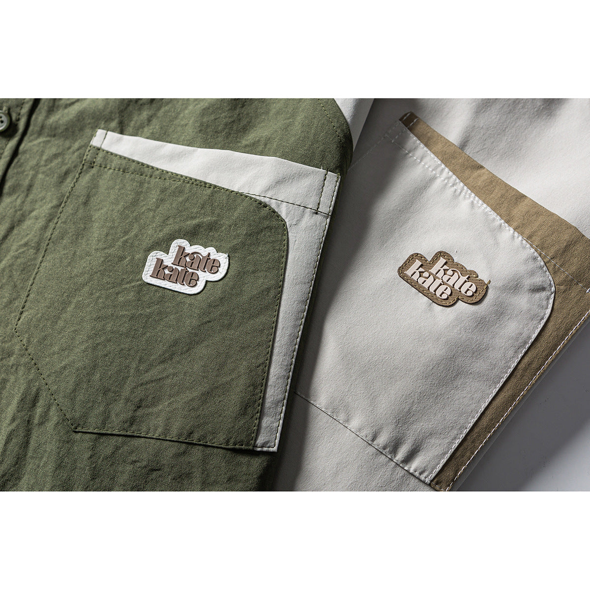 Close-up of two shirt chest pockets in olive and cream, each with a raised logo patch.