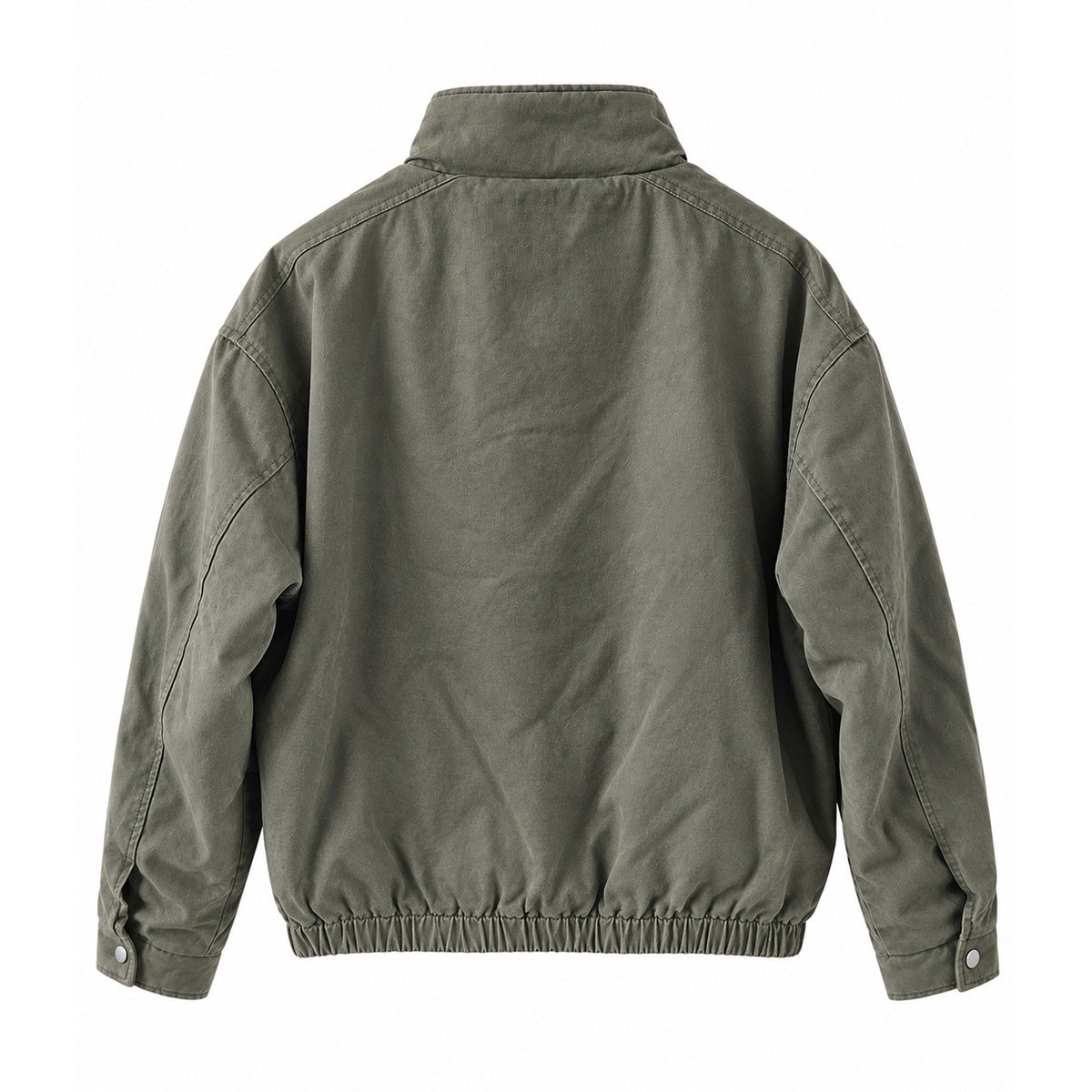 Back view of an olive-gray jacket with a stand collar, curved shoulder seams, and elasticized hem.