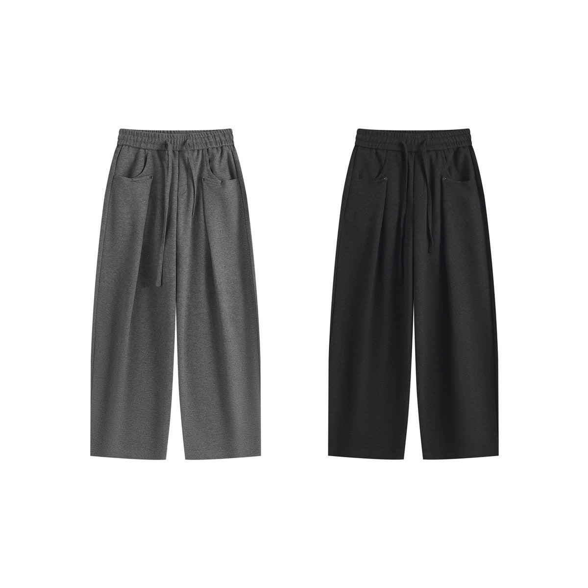 Front views of wide-leg pants in gray and charcoal, each with an elastic drawstring waist and angled pockets.