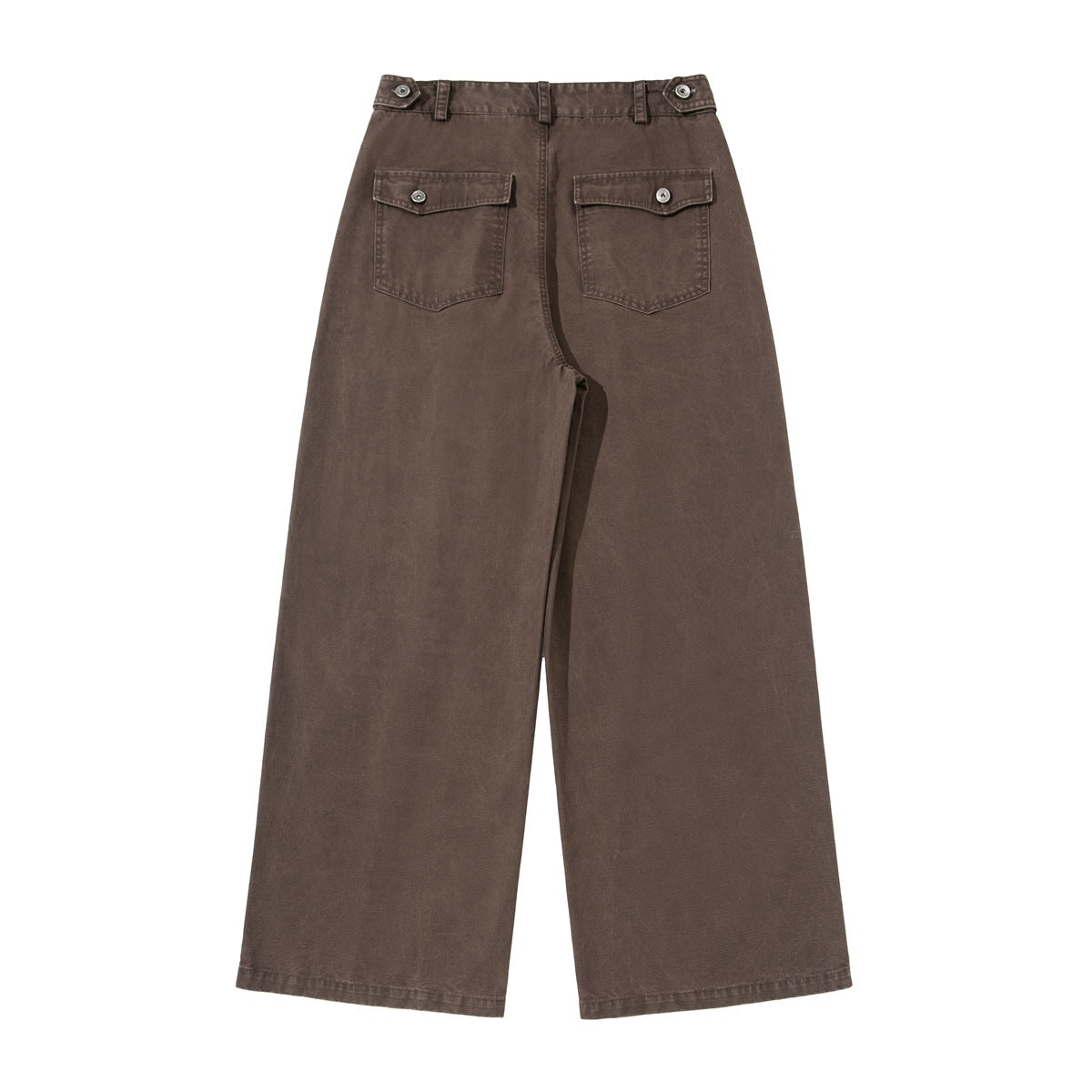 Full rear view of brown wide-leg trousers with two button-flap pockets and adjustable button tabs at the waist.
