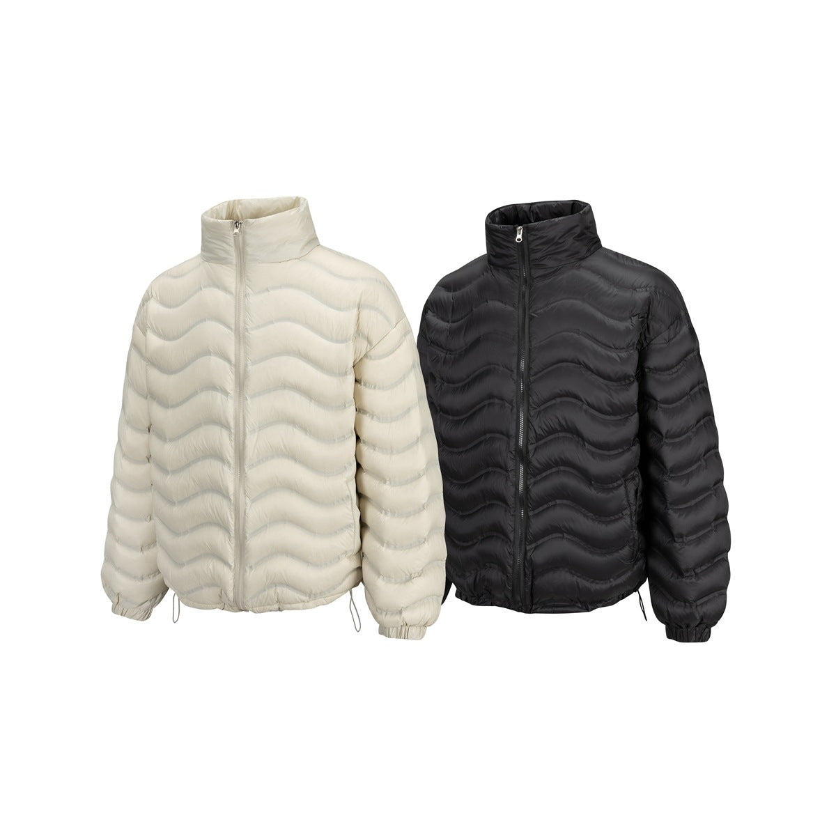 Front views of two stand-collar quilted jackets, one ivory and one black, with wavy stitching and front zippers.