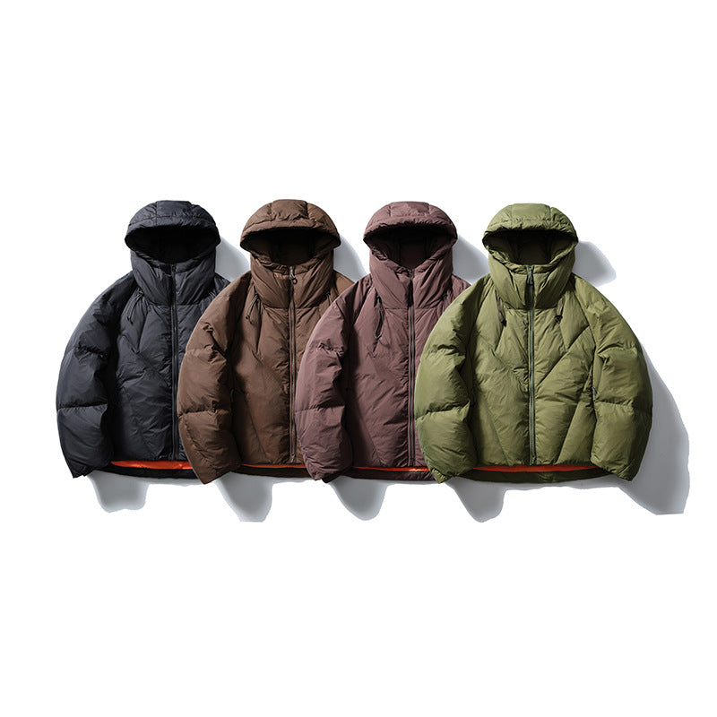 Four hooded puffer jackets displayed together in black, brown, mauve, and olive.