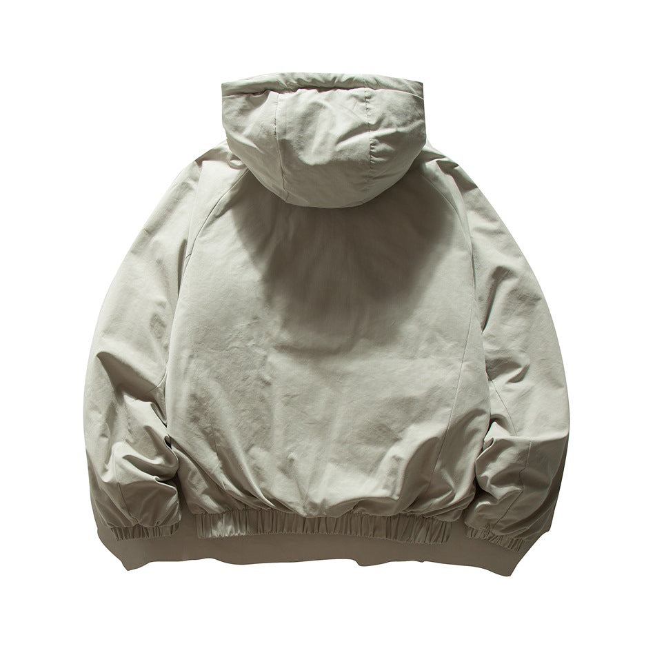 Back view of light gray hooded jacket flat lay showing the hood, raglan sleeve seams and elastic hem