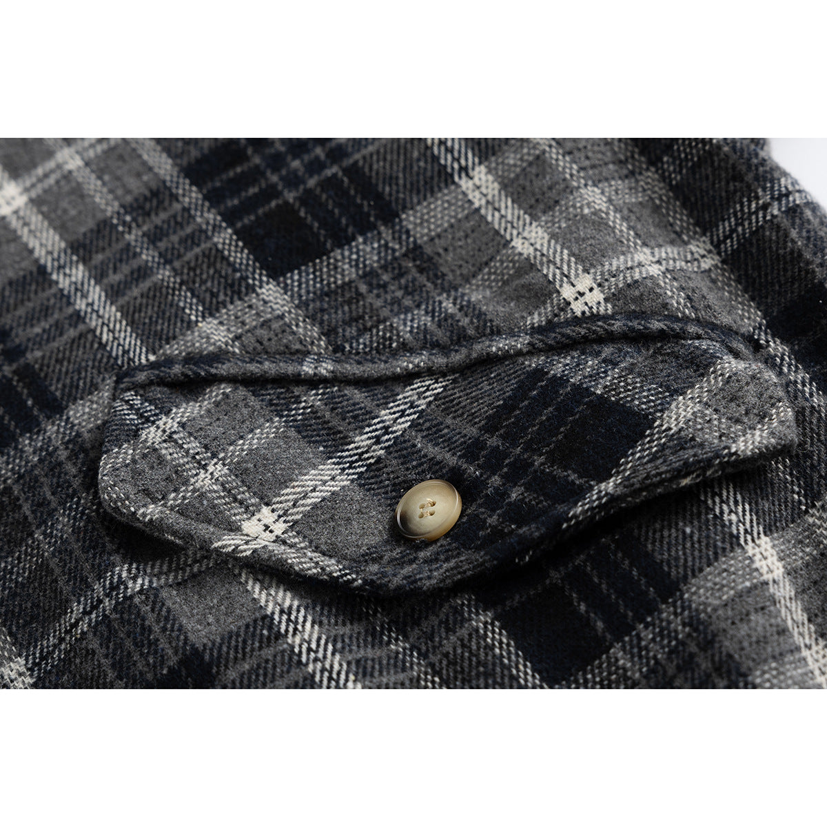 Close-up of a flap pocket with a tan button on a charcoal and gray plaid jacket.