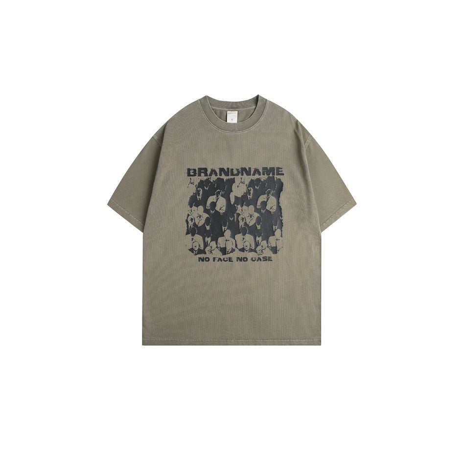 Olive green washed short-sleeve crew-neck t-shirt with a distressed faceless-crowd graphic and BRANDNAME text, front view