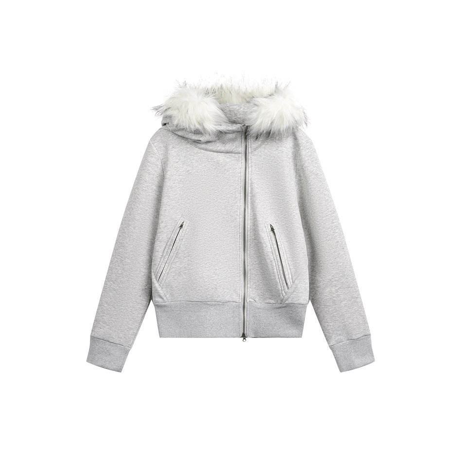 Heather gray zip-up hooded jacket with white faux-fur-style hood trim, diagonal zipper and ribbed hem, flat view