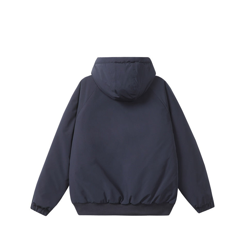 Back view of a dark navy hooded jacket with raglan sleeves, elastic cuffs, and a ribbed hem.
