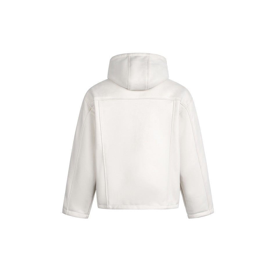 White hooded coat shown from the back against a plain white background.