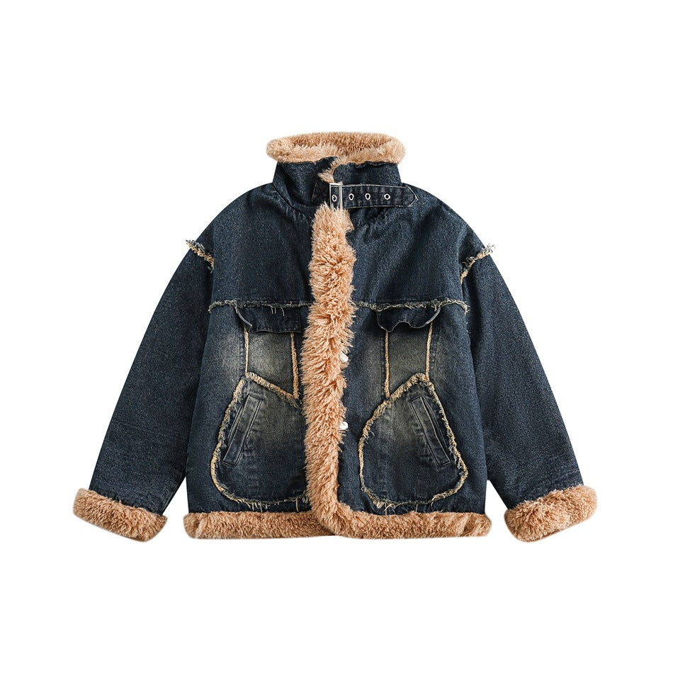 Navy washed denim jacket with tan fleece-like trim, stand collar with buckle strap and large front pockets, flat front view