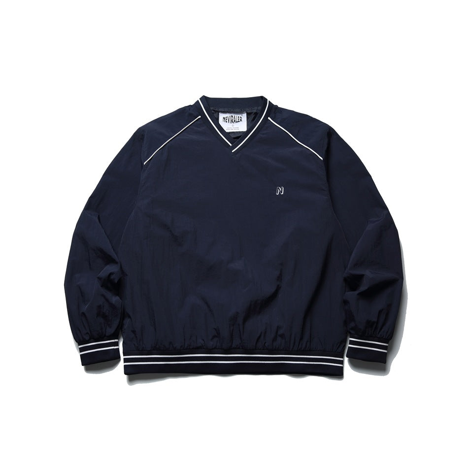Dark navy V-neck pullover jacket with white piping and striped ribbed trim, front view on white