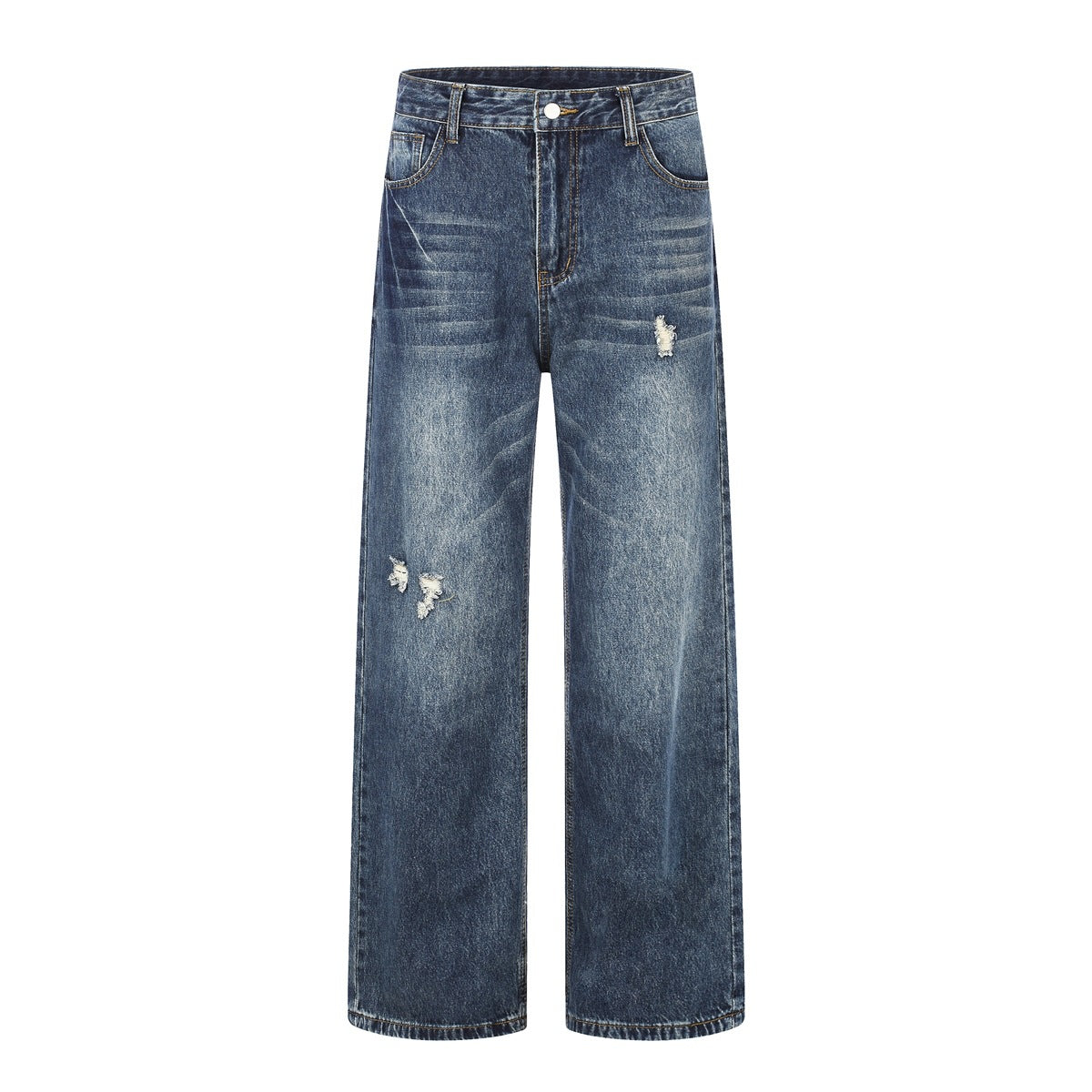 Front view of vintage blue washed wide-leg jeans with whiskering and small distressed rips