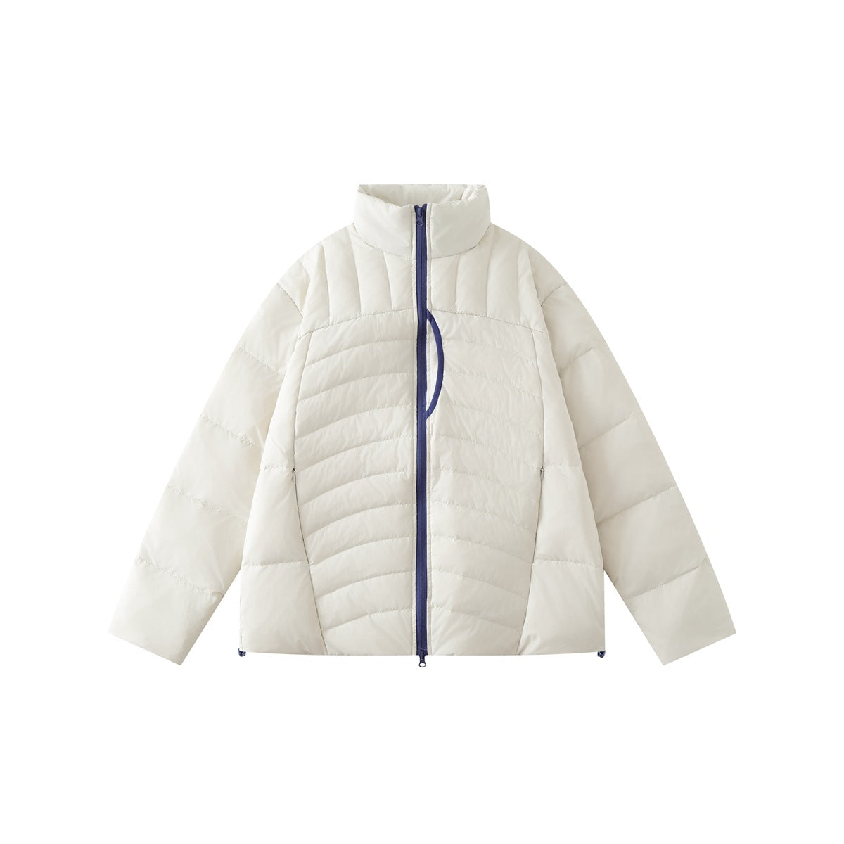 Off-white quilted stand-collar zip jacket with navy zipper and curved chest pocket, flat front view