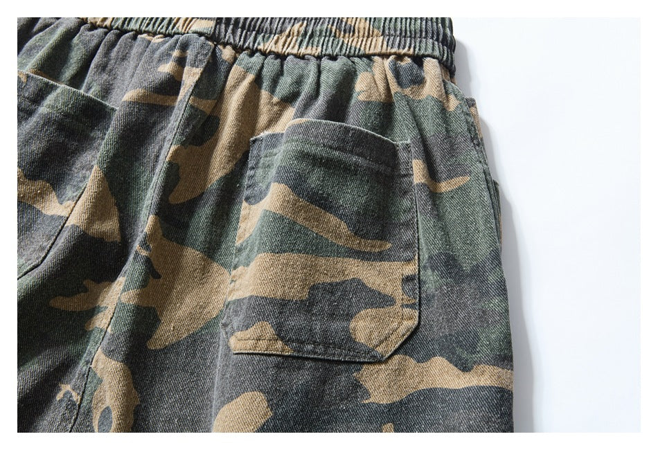 Close-up of a rear patch pocket on camouflage shorts.