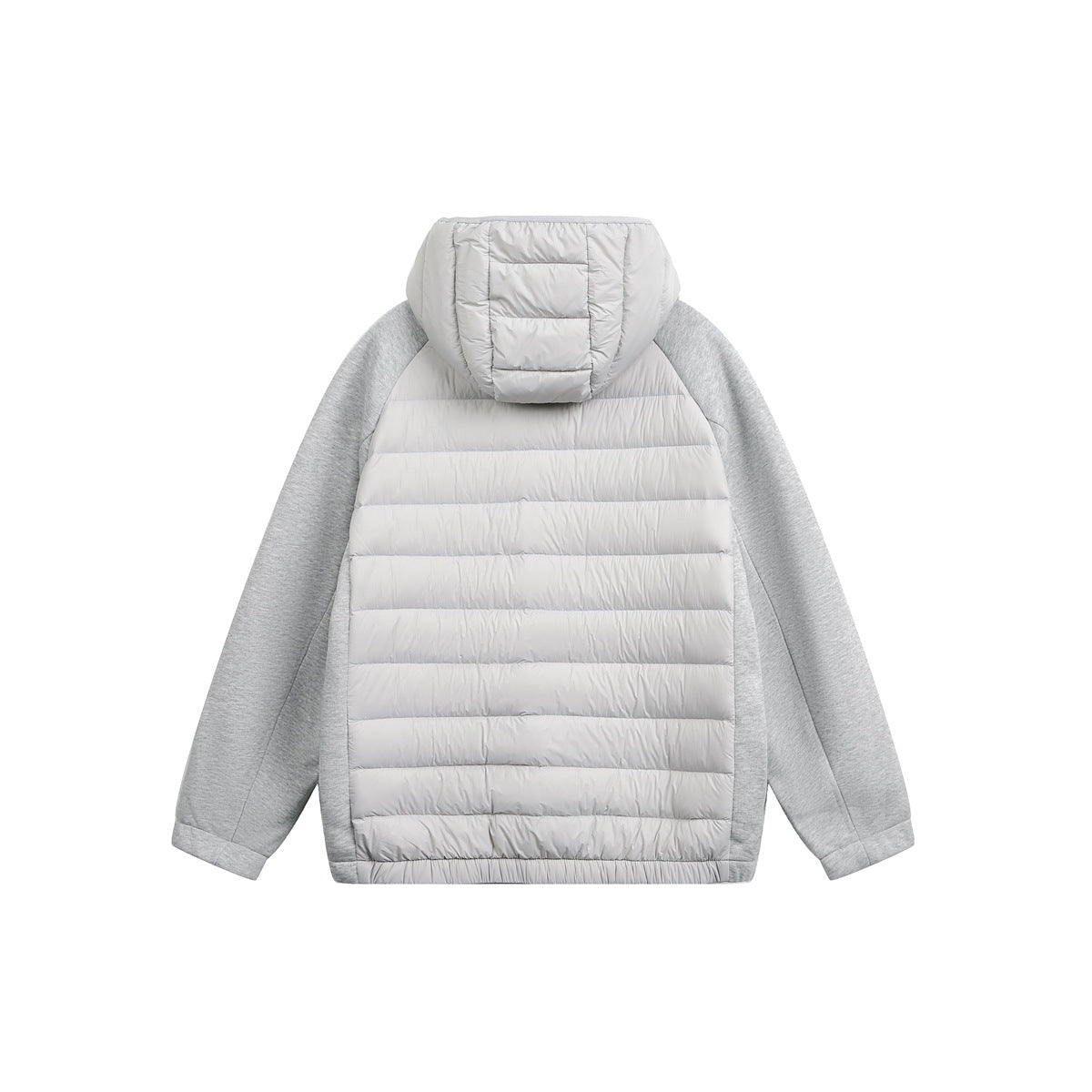 Back view of a light gray hooded jacket with a quilted padded body and heather-gray sleeves.