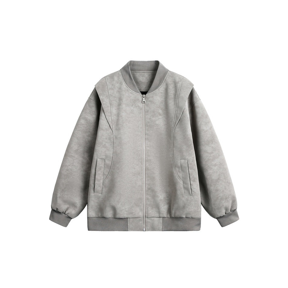 Gray zip-front bomber jacket with ribbed trim, slip pockets and a matte suede-like surface, flat view