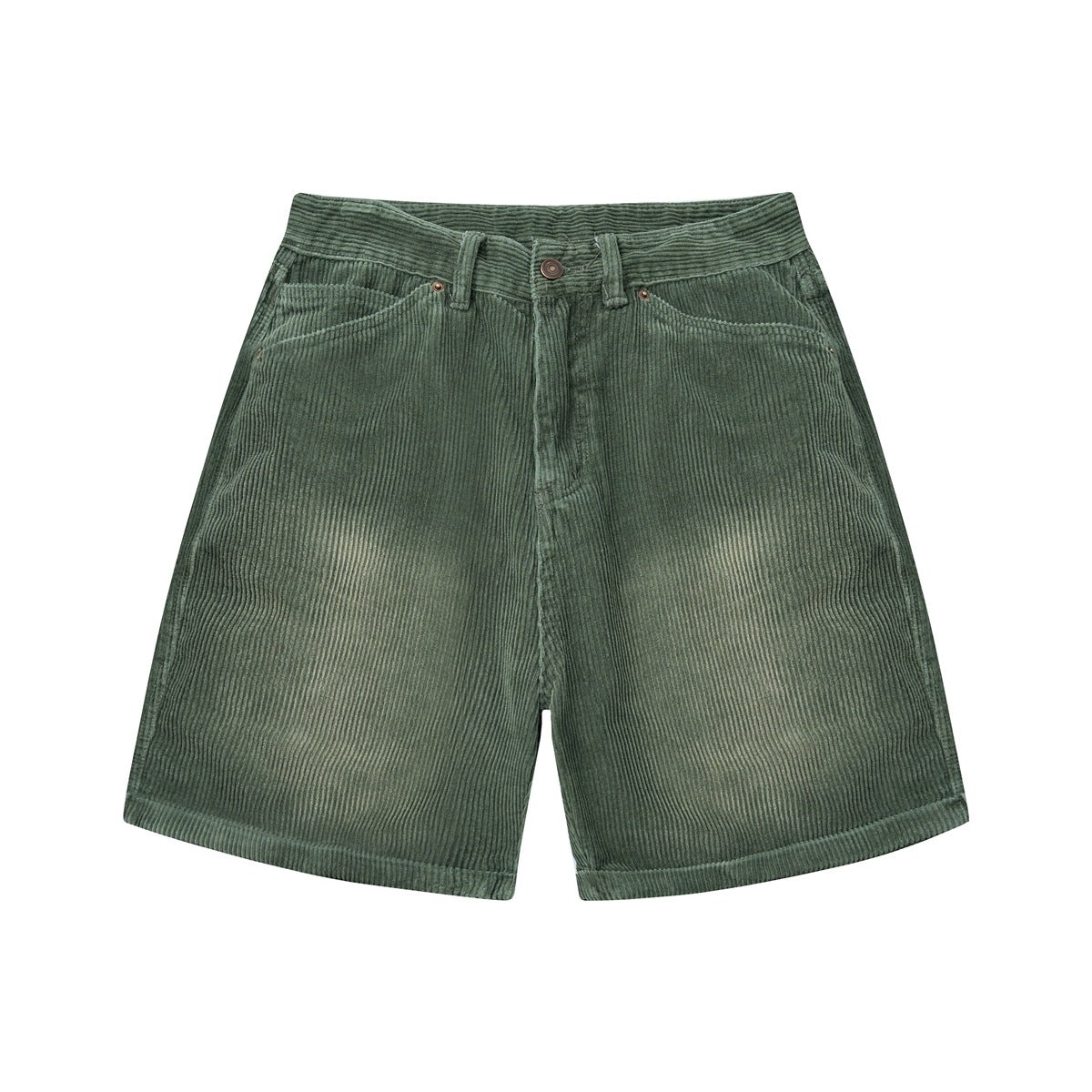Green washed wide-rib corduroy shorts, flat front view with button waist, belt loops and front pockets