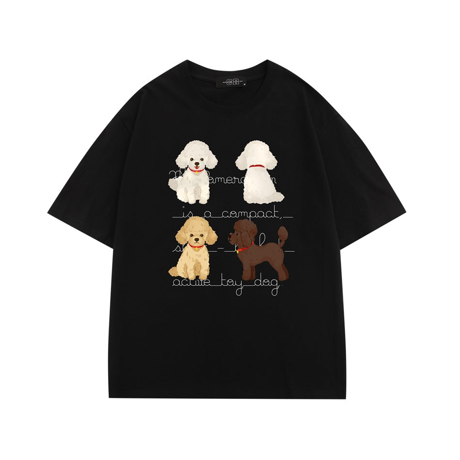 Black short-sleeve T-shirt with four illustrated poodles and cursive lettering printed on the front