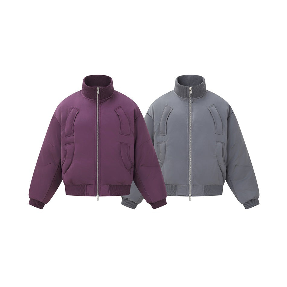 Front views of the same zip-front jacket in plum and gray, with ribbed collars, cuffs, and hems.