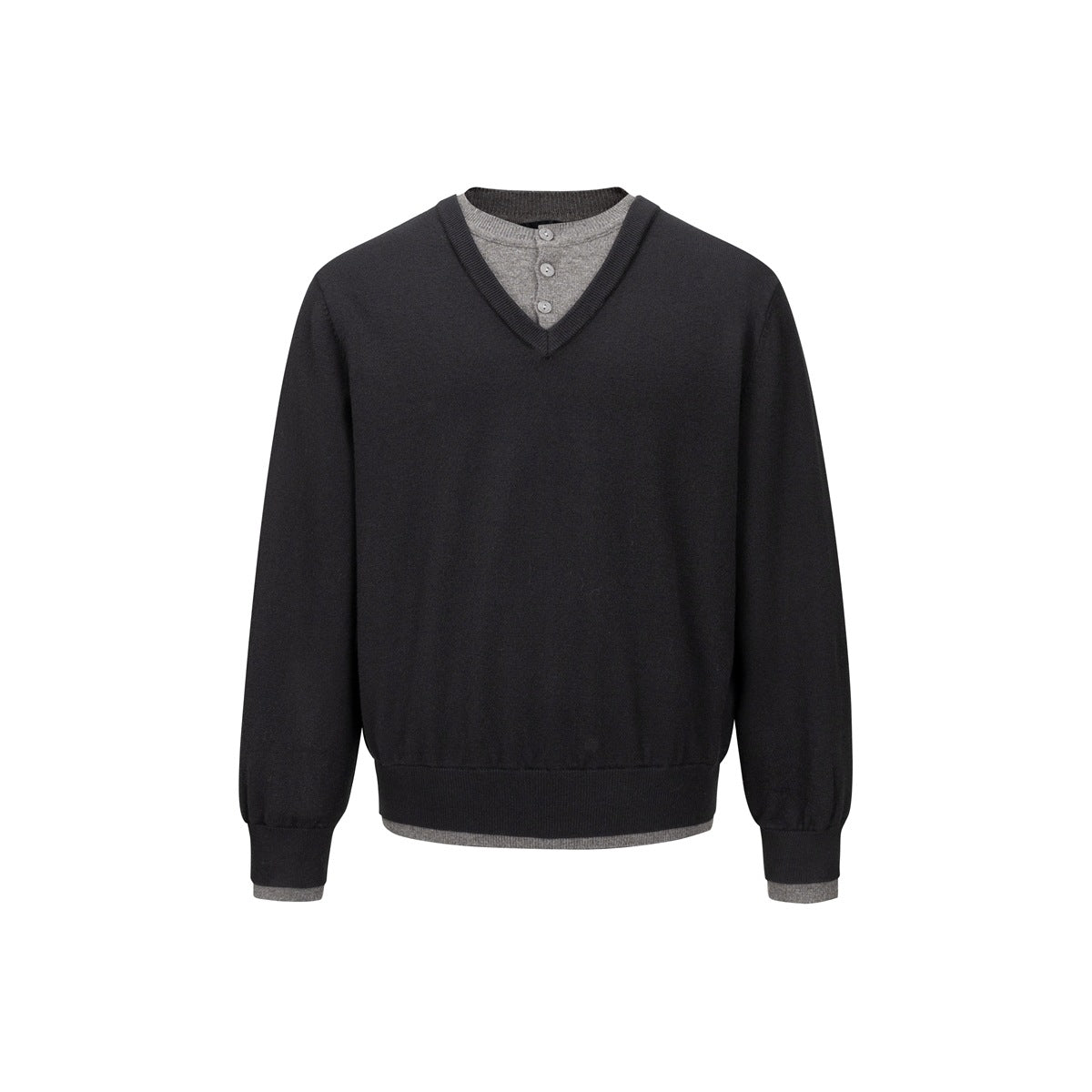 Black V-neck sweater with a gray layered underlayer, three buttons and gray trim at the hem and cuffs