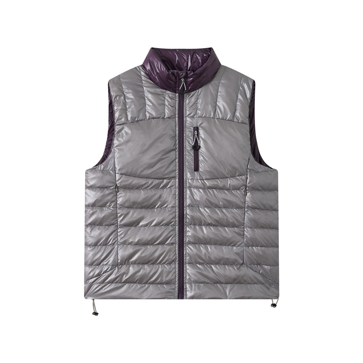 Gray quilted puffer vest with purple collar, purple zipper and chest pocket, front view on white background