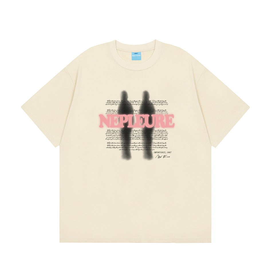 Apricot short-sleeve crew neck T-shirt with pink NEPLEURE print, blurred dark figures and script text, flat front view
