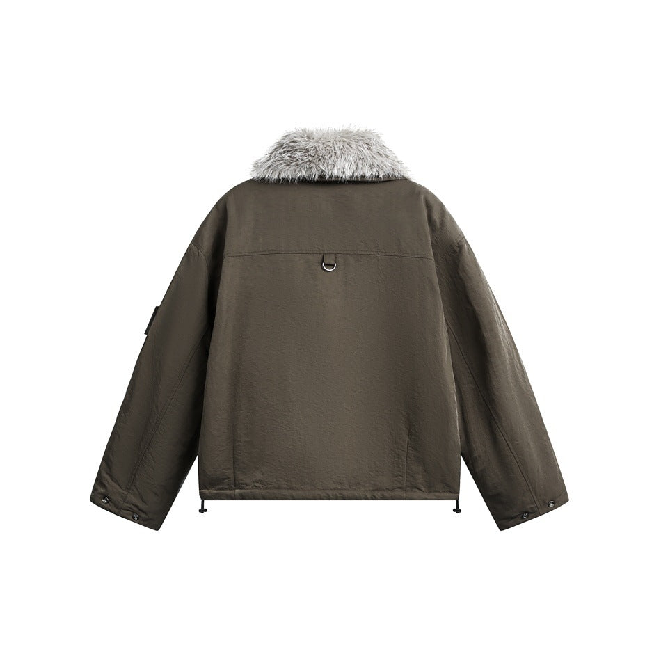 Back view of an olive jacket with a pale shaggy collar, center seam and small metal loop.