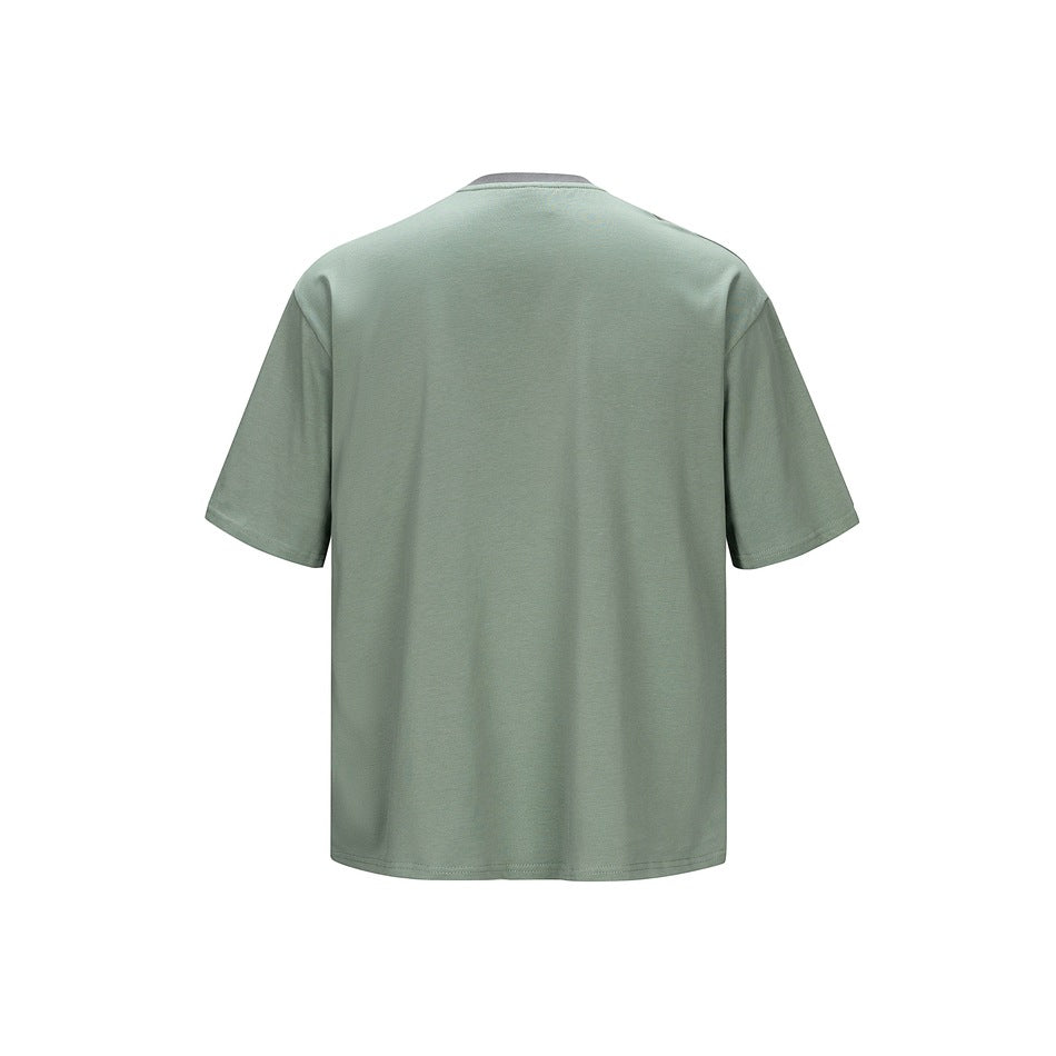 Green short-sleeve crew-neck T-shirt back view with gray collar and plain back panel