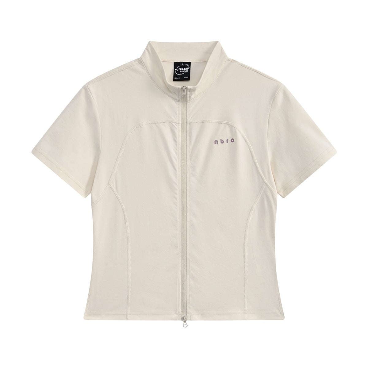 Beige short-sleeve zip-front top with stand collar and curved seams, flat lay front view