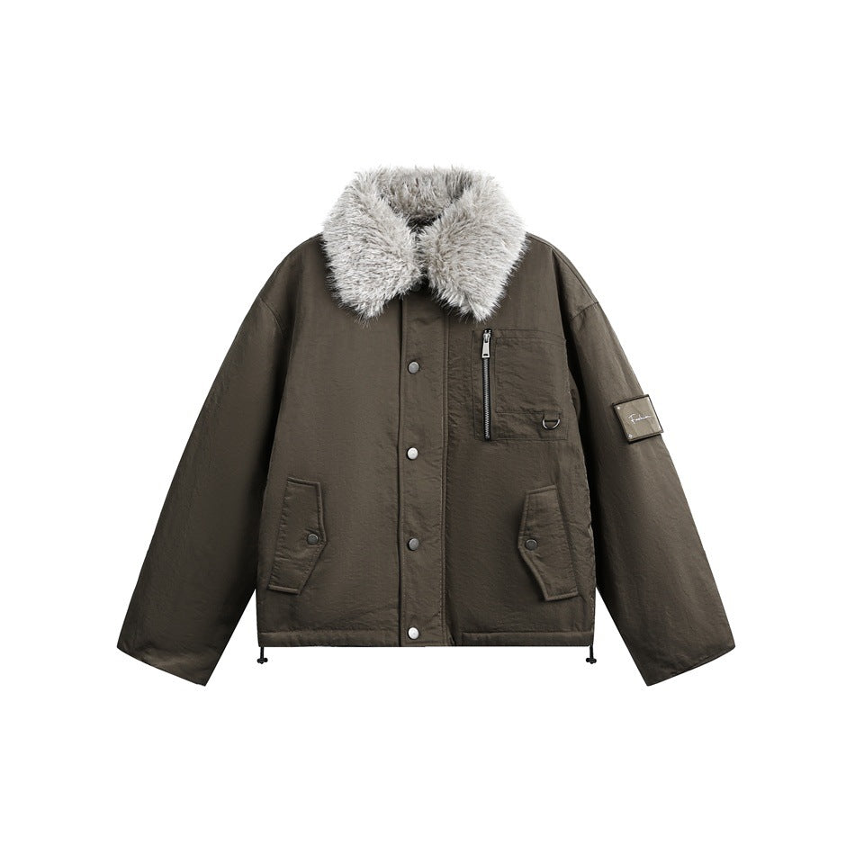 Army green padded jacket with gray fleece-like collar, snap front, zip chest pocket and flap pockets, flat lay