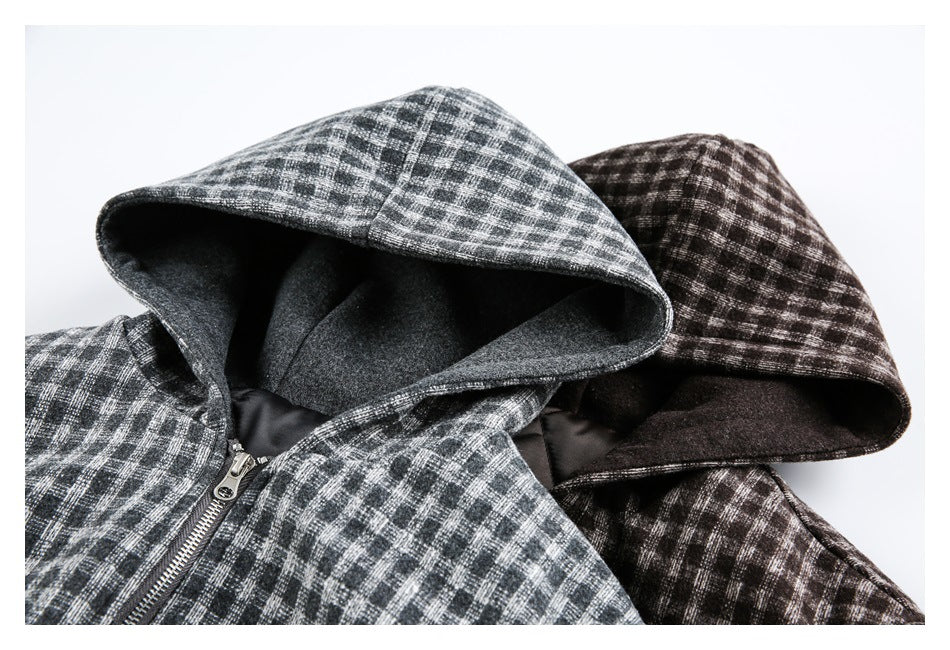 Close-up of two hooded jackets in gray and brown plaid, showing lined hoods and a front zipper.