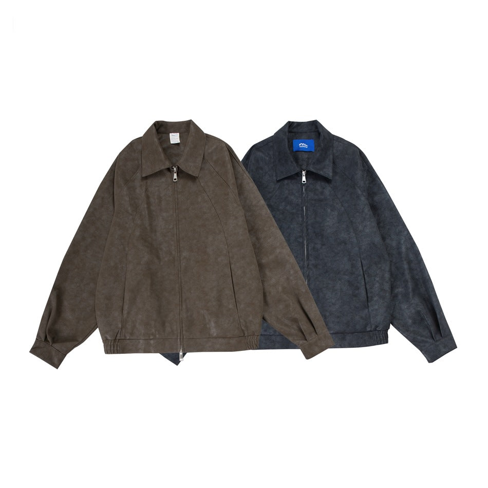Two zip-front jackets shown flat on white, one taupe and one dark charcoal.