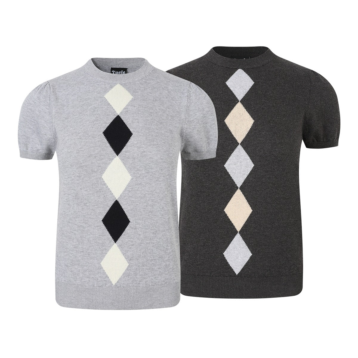 Two short-sleeve knit sweaters with vertical diamond patterns: one light gray and one charcoal.