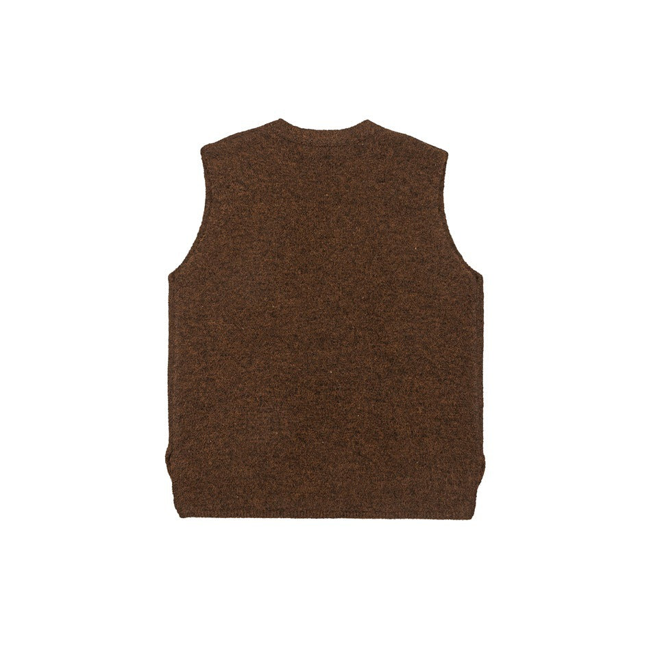 Back view of a plain brown sleeveless knit vest, laid flat against a white background.