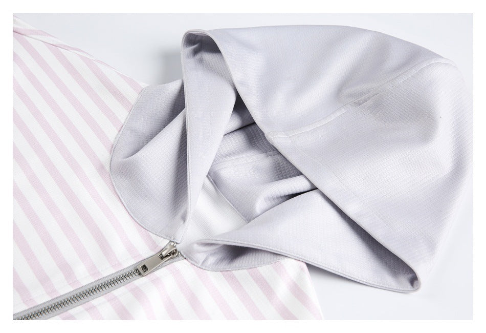 Close-up of a pale pink and white striped zip-front garment with a wide light gray collar.