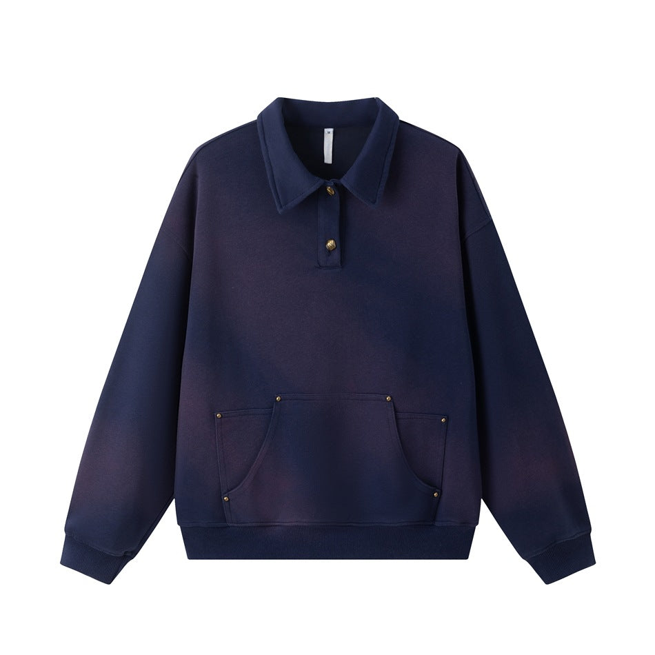 Navy blue washed polo-collar sweatshirt flat lay with two buttons, front pouch pocket with rivets and ribbed cuffs