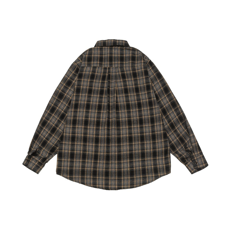 Back view of a dark brown plaid long-sleeve button-up shirt laid flat against a white background.