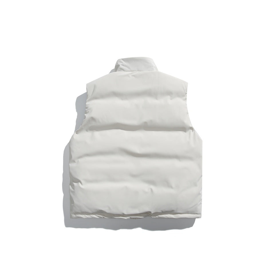 Back view of an ivory sleeveless padded vest with a high collar and a plain, unadorned back.