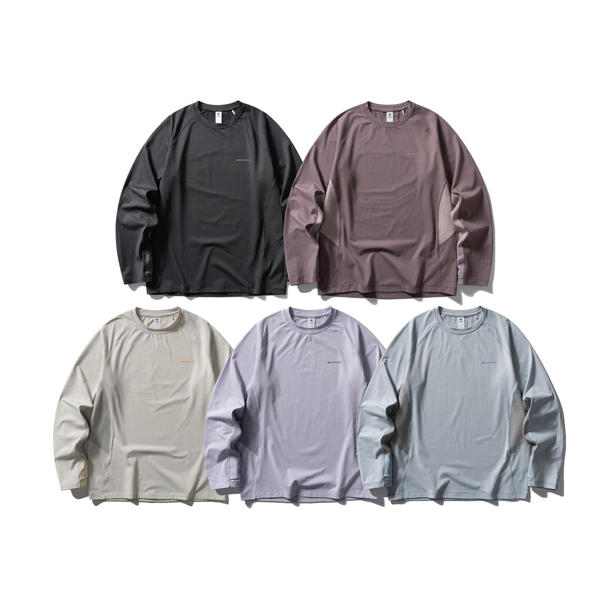 Five long-sleeve tops shown from the front in black, mauve, off-white, lavender, and pale blue.