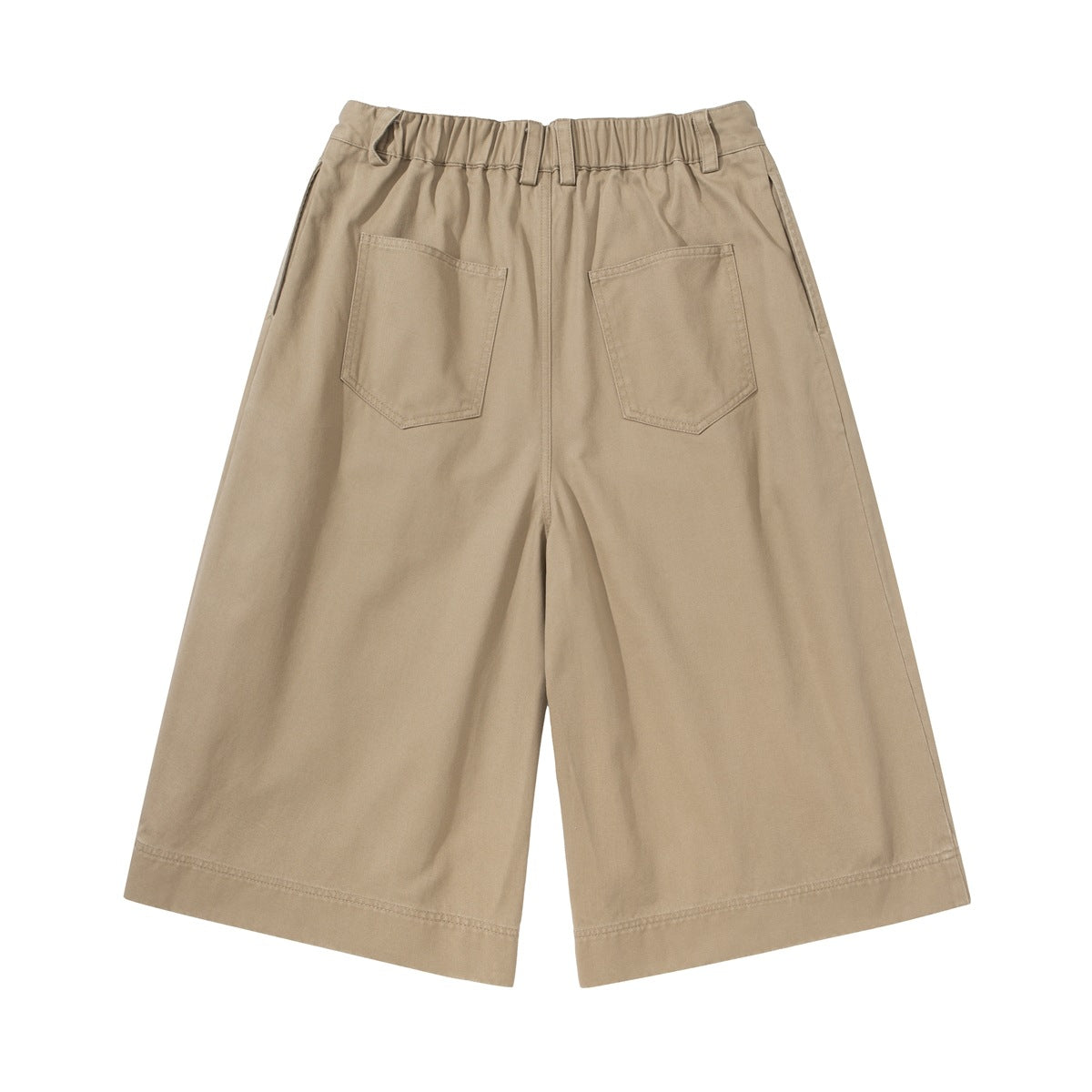 Back view of tan wide-leg shorts with an elasticated waistband and two patch pockets.