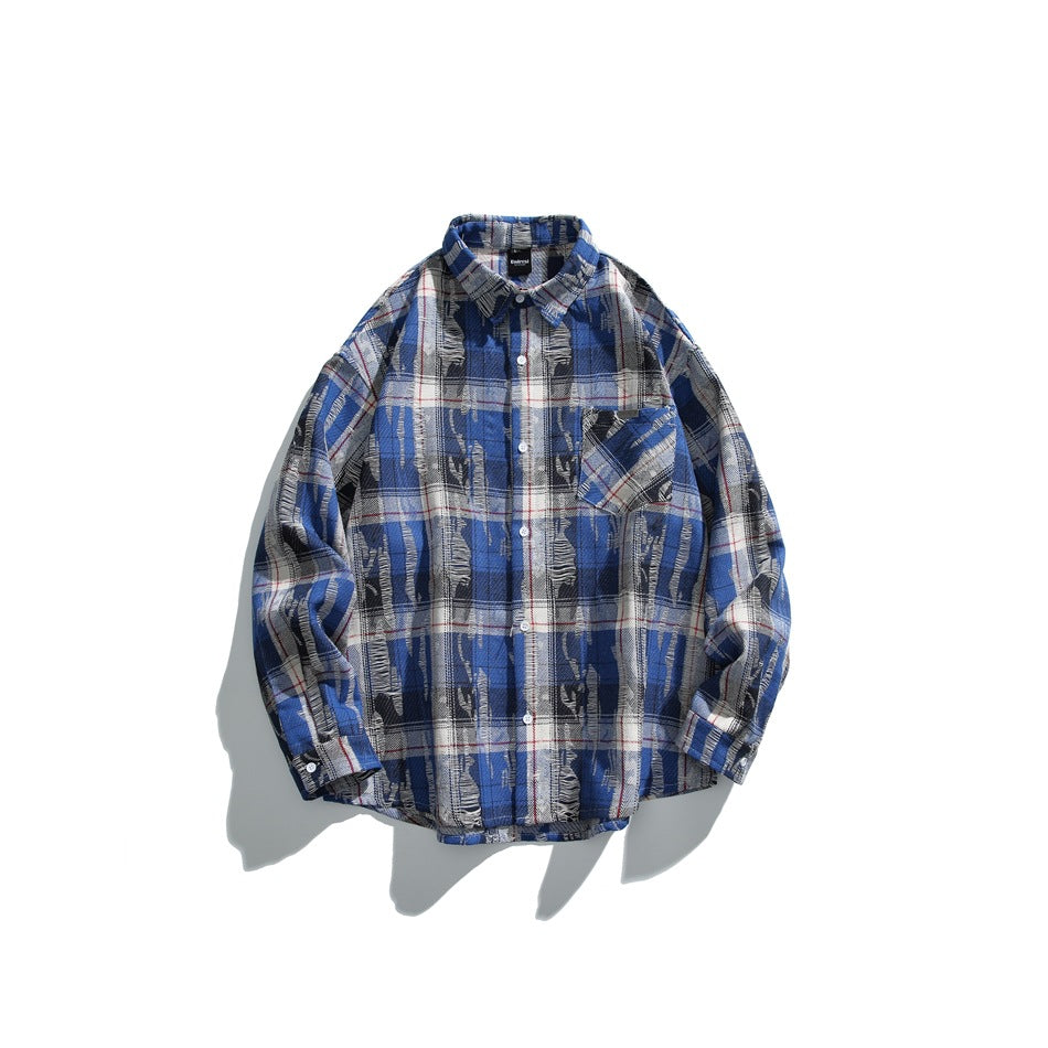 Blue plaid long-sleeve button-front shirt with chest pocket and distressed texture, flat lay front view