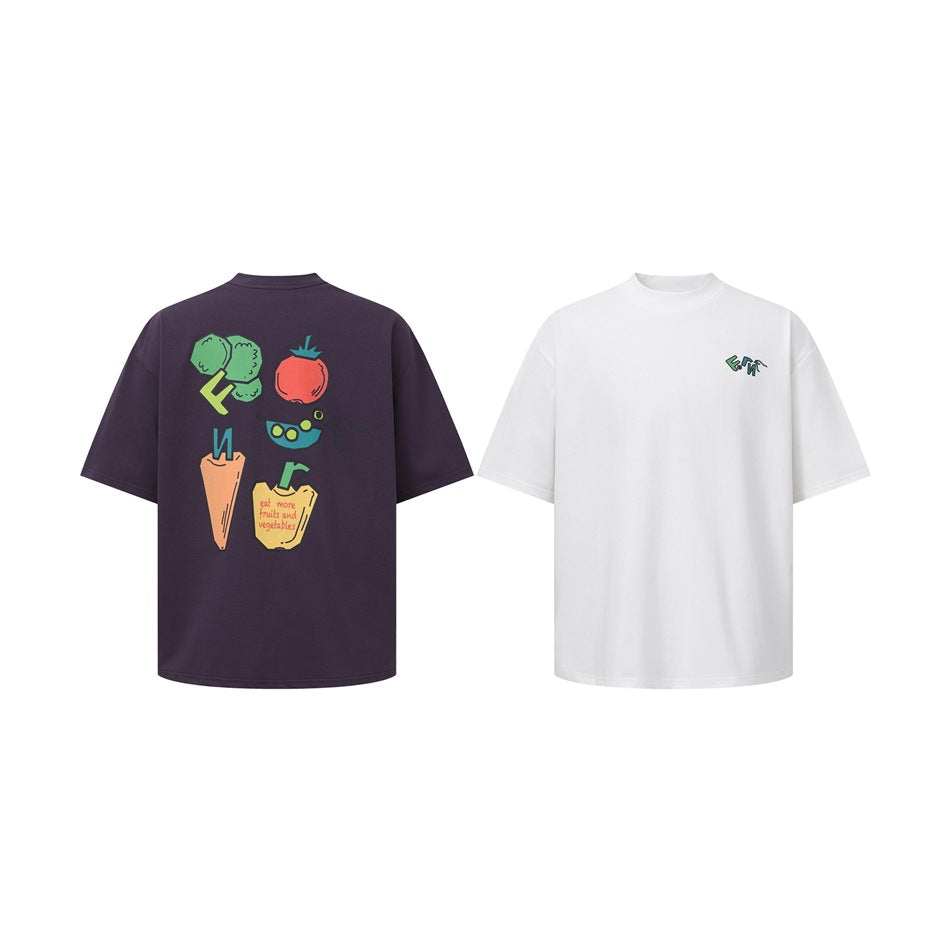 Dark plum T-shirt shown from the back beside a white T-shirt shown from the front.