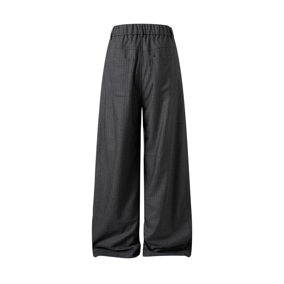 Back view of dark charcoal pinstripe wide-leg trousers with a gathered waistband and two patch pockets.
