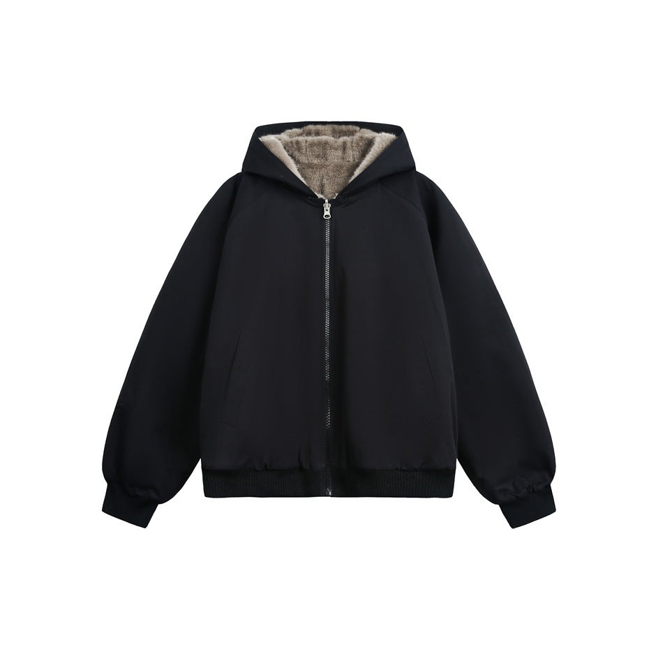 Black hooded zip-up jacket with ribbed cuffs and hem and a plush taupe pile lining at the hood, flat front view