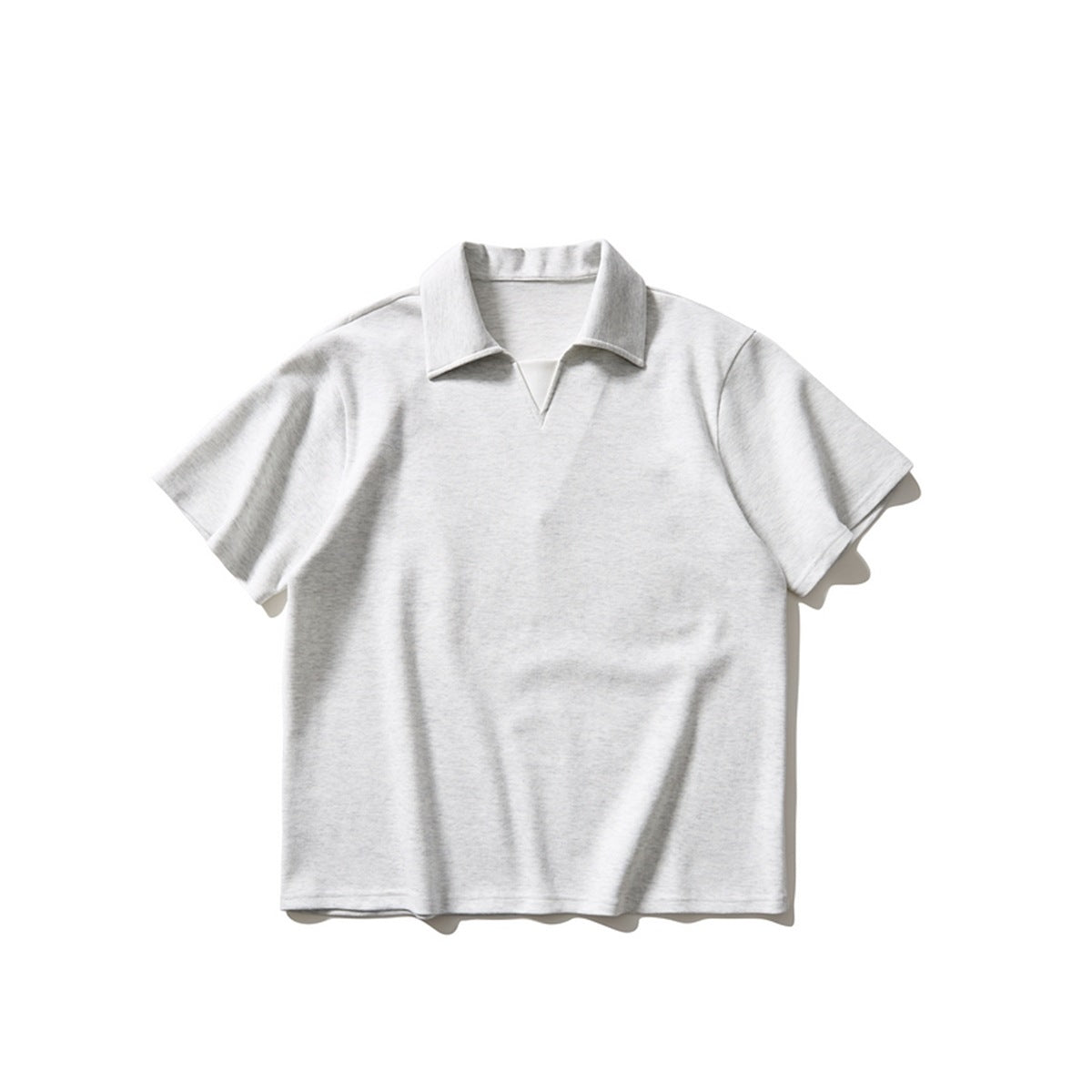 Light heather gray short-sleeve polo shirt with collar and V neckline, flat lay front view