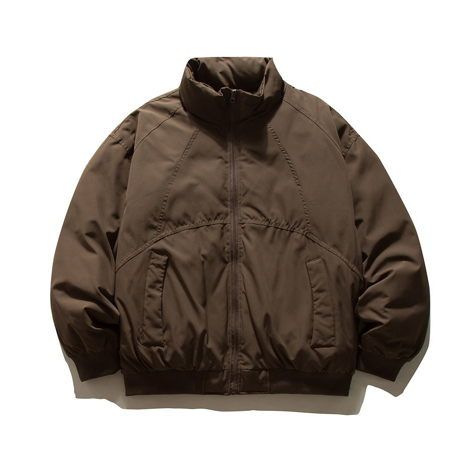 Coffee brown stand-collar zip jacket with raglan seams, front pockets and ribbed cuffs and hem, flat lay front view