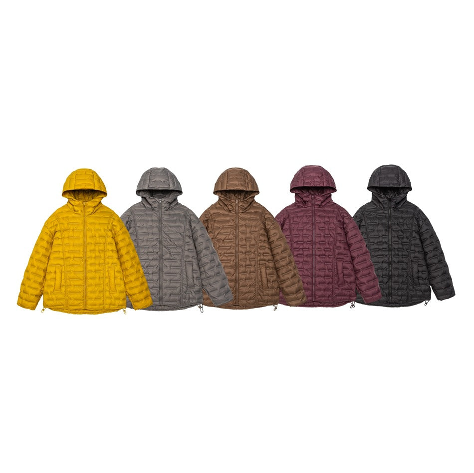 Five hooded quilted jackets shown from the front in yellow, gray, brown, burgundy, and black.