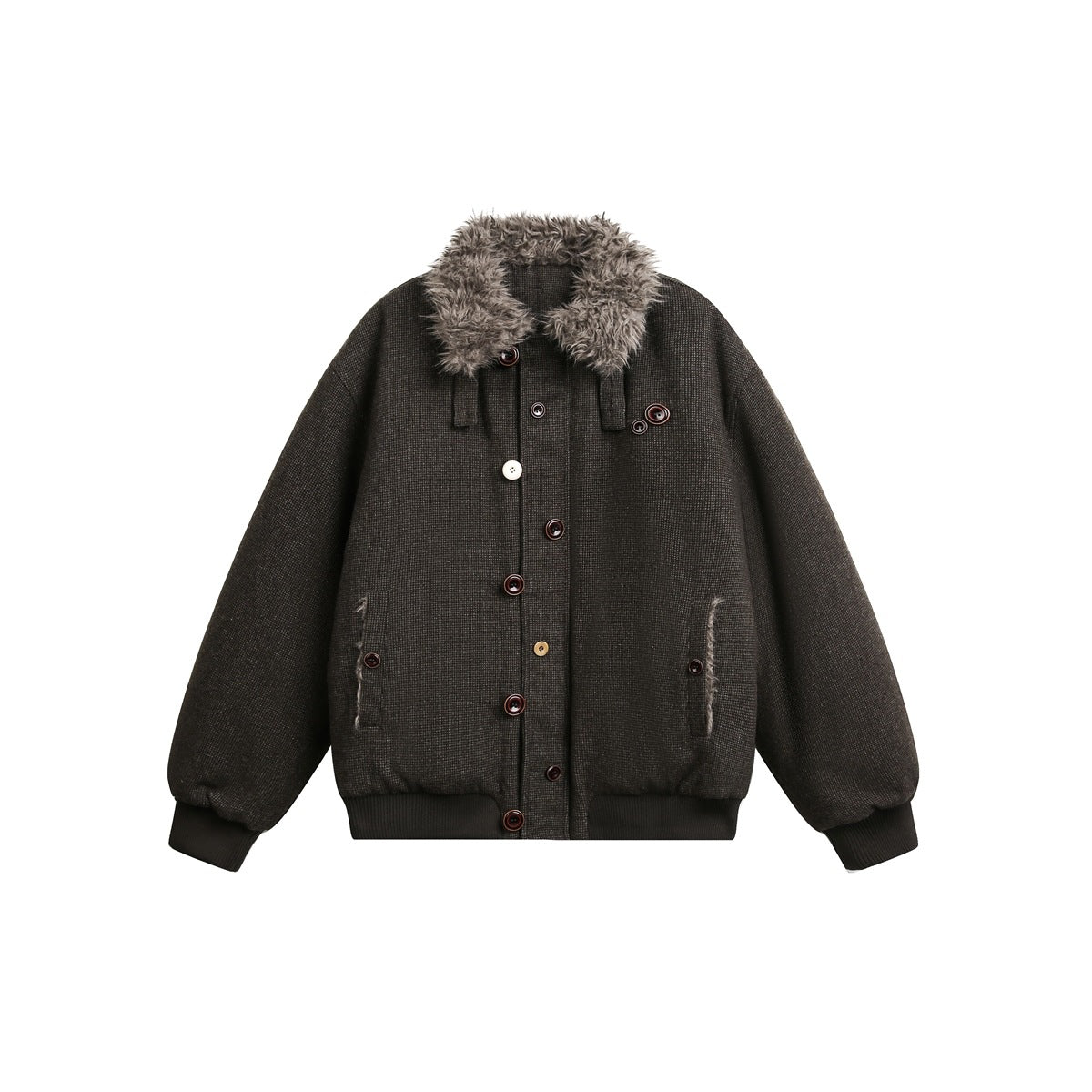 Dark brown textured bomber jacket with gray fleece-like collar, mixed buttons and ribbed hem, flat front view