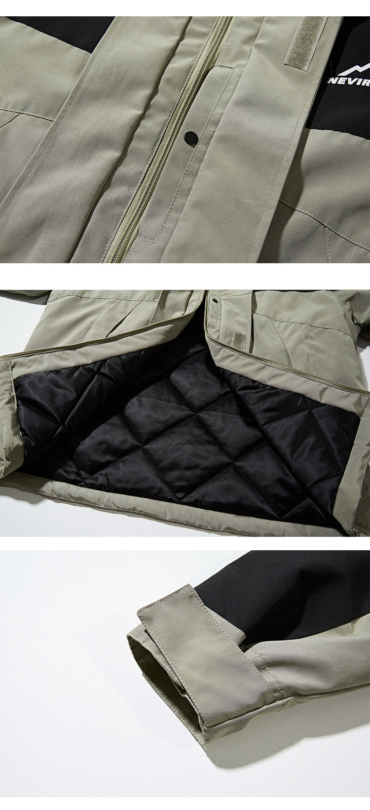 Three close-ups show a khaki jacket’s front zipper, black quilted lining, and adjustable cuff.