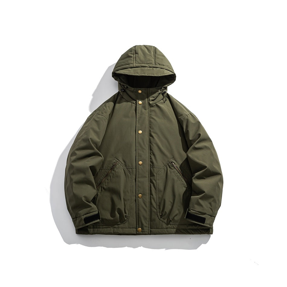 Army green hooded padded-look jacket, front flat view with snap buttons, zip pockets and cuff tabs